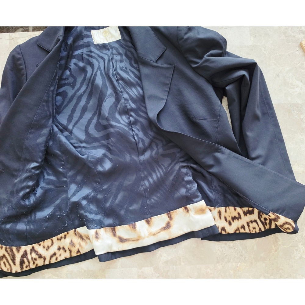 VTG Roberto Cavalli Navy Single Button Wool Blazer Leopard Trim Made in Italy 46 - Picture 15 of 16